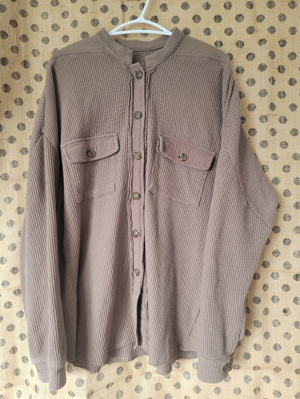 Women's Long-Sleeve Waffle Knit Shacket Sweater - Taupe